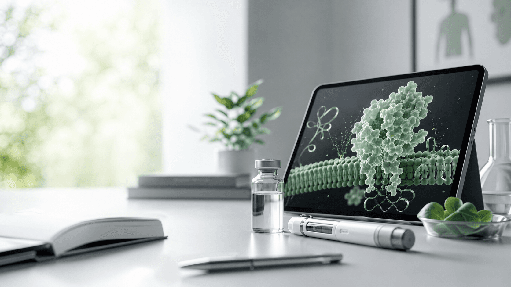 GLP-1 clinical research banner with molecular visualization and treatment tools