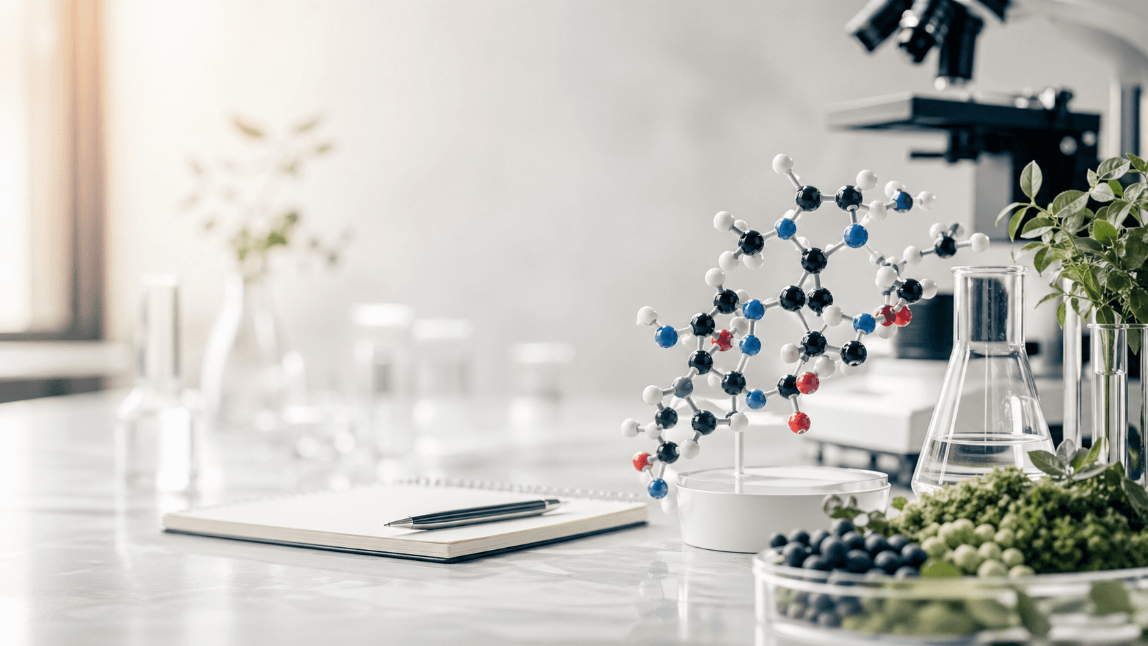 Premium peptide science laboratory scene with molecular model and nutrition research elements